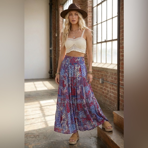 NWT Angie Clothing Boho Festival Americana Paisley Floral Smocked Maxi Skirt - Picture 4 of 8